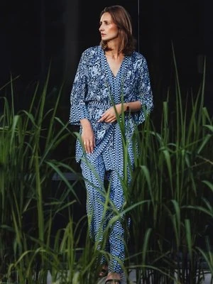 Granatowe wiskozowe kimono damskie we wzory - Ocean Breeze Olsen