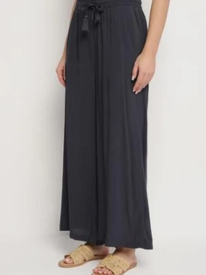 Granatowe Wiskozowe Spodnie o Szerokim Kroju Ozdobione Sznurkiem Natamia sublevel