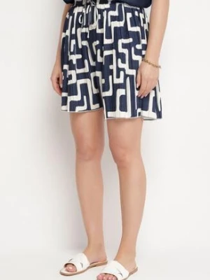Granatowe Wiskozowe Szorty z Wysokim Stanem z Geometrycznym Wzorem Linala defox