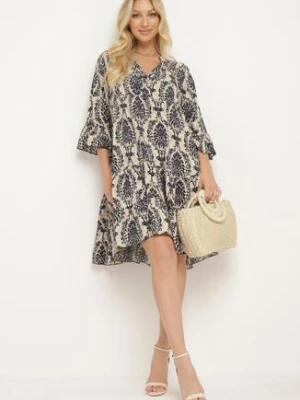 Granatowo-Beżowa Bawełniana Rozkloszowana Sukienka z Falbankami Miloa