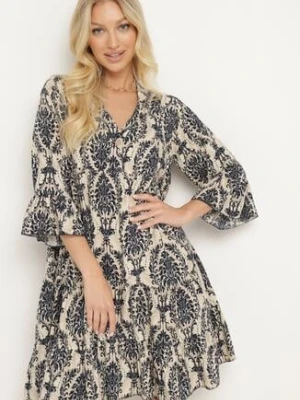 Granatowo-Beżowa Bawełniana Rozkloszowana Sukienka z Falbankami Miloa