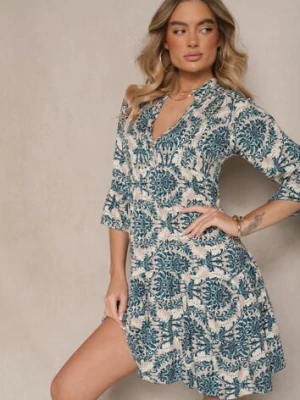 Granatowo-Beżowa Bawełniana Sukienka o Rozkloszowanym Kroju w Ornamentalny Print Laniwea defox