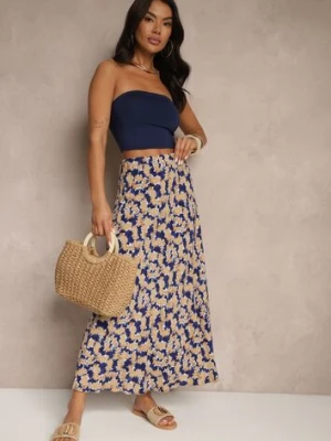 Granatowo-Beżowa Rozkloszowana Spódnica z Wiskozy High Waist Fevanice rosita