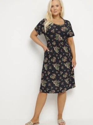 Granatowo-Beżowa Rozkloszowana Sukienka w Kwiatowy Wzór Lumilisse j&x
