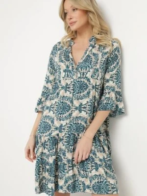 Granatowo-Beżowa Rozkloszowana Sukienka z Bawełny z Falbanami w Ornamentalny Wzór Lanoreth defox