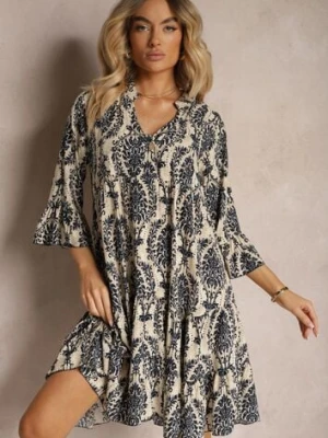 Granatowo-Beżowa Sukienka z Bawełny o Rozkloszowanym Kroju Wykończona Falbanką Niloa