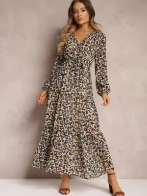 Granatowo-Beżowa Sukienka z Kopertowym Dekoltem w Cętki Irdra