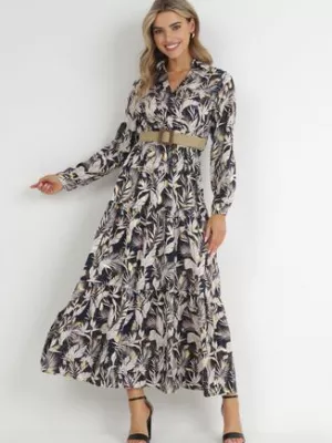 Granatowo-Beżowa Sukienka z Roślinnym Wzorem i Plecionym Paskiem Nouylas
