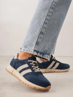 Granatowo-Beżowe Skórzane Sneakersy z Ozdobnymi Paskami Felindda goodin