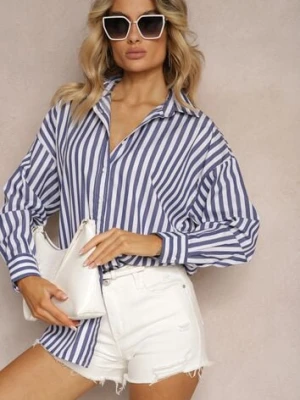 Granatowo-Biała Bawełniana Koszula w Pionowe Paski Zapinana na Guziki Drolia miss poem