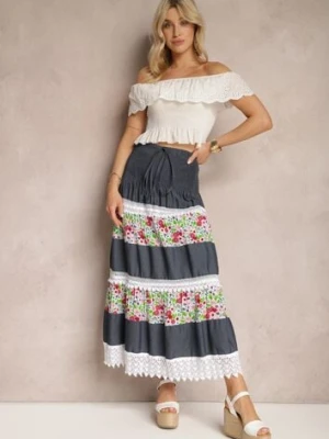 Granatowo-Biała Bawełniana Spódnica High Waist z Gumką w Talii i Ozdobną Koronką Tesaquin