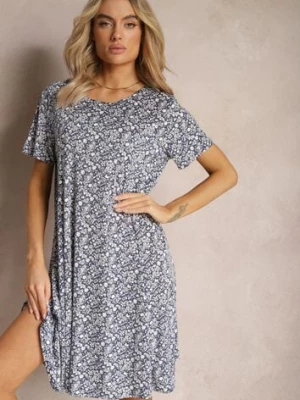 Granatowo-Biała Krótka Sukienka z Rozkloszowanym Dołem i Okrągłym Dekoltem z Wiskozy Dapnehli sweet&girl