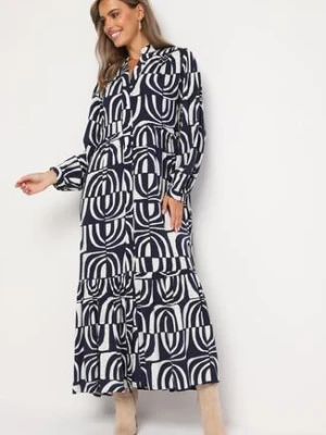 Granatowo-Biała Sukienka Długa Rozkloszowana w Geometryczny Print o Koszulowym Kroju Verdana belcci
