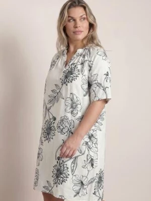 Granatowo-Biała Sukienka z Wiskozy o Pudełkowym Kroju w Kwiatowy Print Reninca j&x