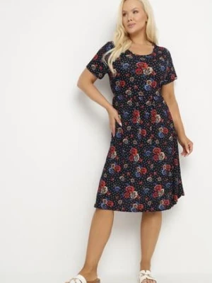Granatowo-Czerwona Rozkloszowana Sukienka w Kwiatowy Wzór Lumilisse j&x