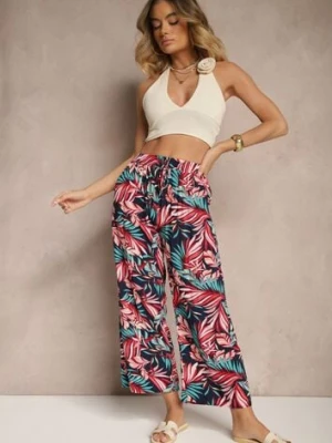 Granatowo-Czerwone Spodnie z Bawełny o Szerokim Kroju High Waist w Liście Edirive