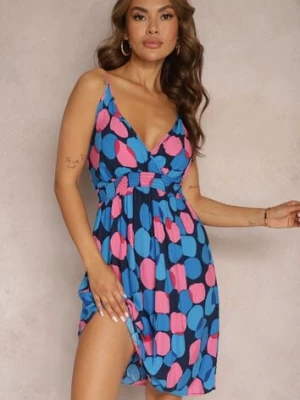 Granatowo-Niebieska Kopertowa Rozkloszowana Sukienka z Bawełny na Ramiączkach z Gumką w Talii Duloa generation