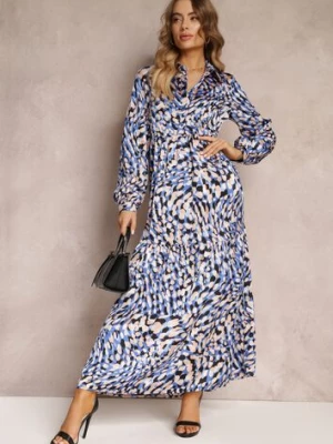 Granatowo-Niebieska Rozkloszowana Sukienka Koszulowa w Fantazyjny Print Alendia