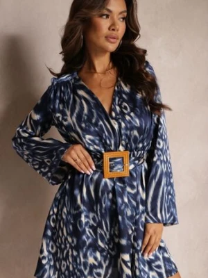 Granatowo-Niebieska Rozkloszowana Sukienka Mini z Kopertowym Dekoltem i Paskiem Liisatta jusdepom