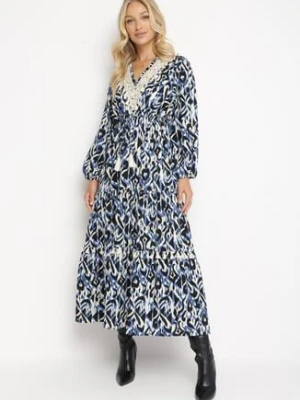 Granatowo-Niebieska Sukienka Maxi z Gumką w Pasie i Falbankami oraz Ażurową Tasiemką Juliene rosa