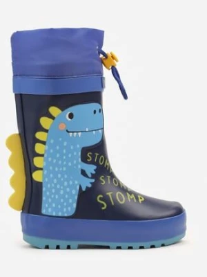 Granatowo-Niebieskie Kalosze z Dinozaurem i Napisami Flortewia wink