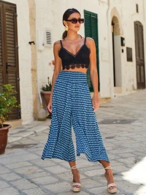 Granatowo-Niebieskie Szerokie Spodnie z Wiskozy z Marszczoną Gumką w Talii Mellody j.stars