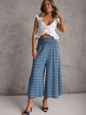 Granatowo-Niebieskie Szerokie Spodnie z Wiskozy z Marszczoną Gumką w Talii Mellody j.stars