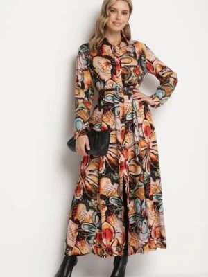 Granatowo-Pomarańczowa Koszulowa Kwiatowa Sukienka z Wiskozy Ozdobiona Guzikami Enanoris rosa