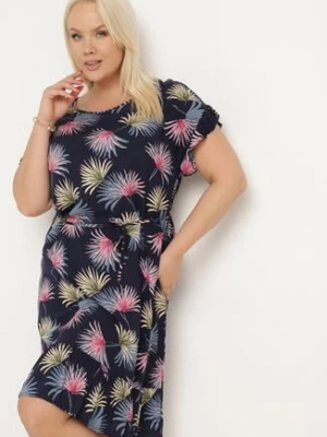 Granatowo-Różowa Bawełniana Sukienka z Florystycznym Motywem i Wiązaniem w Talii Rissani generation