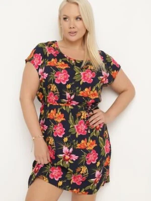 Granatowo-Róźowa Wiskozowa Sukienka w Kwiaty z Materiałowym Paskiem w Talii Claristi n.every day