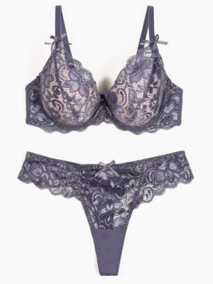 Granatowo-Różowy Komplet Bielizny z Koronką i Kokardkami Biustonosz i Stringi Nasorinne