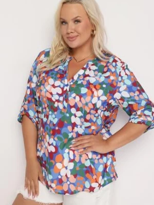 Granatowo-Zielona Koszula w Akwarelowe Kwiatki z Dekoltem na Guziki Smexina