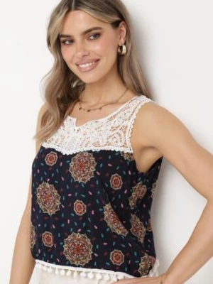 Granatowo-Zielony Wiskozowy Top Koszulka bez Rękawów z Koronkową Górą i Wykończona Pomponami Comoria fashion
