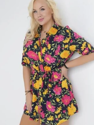 Granatowo-Zółta Koszulowa Sukienka Mini z Guzikami i Materiałowym Paskiem Raimeda
