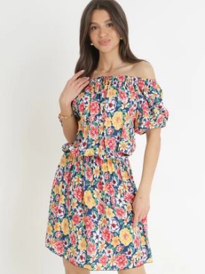 Granatowo-Żółta Sukienka Hiszpanka z Gumką w Pasie Cedrinth j&x