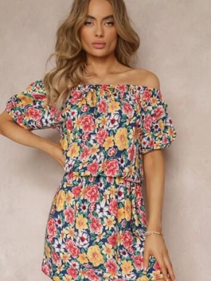 Granatowo-Żółta Sukienka Hiszpanka z Wiskozy i Gumką w Talii Pellin j&x