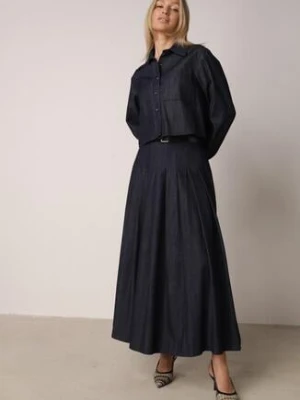 Granatowy Bawełniano-Wiskozowy Komplet z Imitacji Jeansu Spódnica z Paskiem i Koszula Peshophi