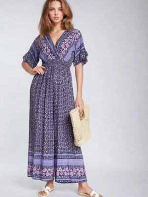 Granatowy Bawełniany Kombinezon z Gumkami w Pasie i Kopertowym Dekoltem Zapinany z Tyłu na Guziki Lorrania defox