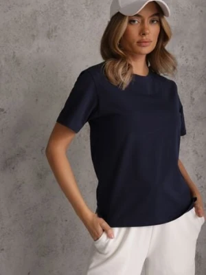 Granatowy Bawełniany T-shirt Ozdobiony po Bokach Rozcięciami Brinelle romee's