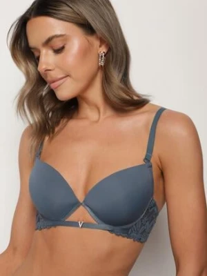 Granatowy Biustonosz Push-Up z Koronkowym Paskiem Sarolin love magnolia