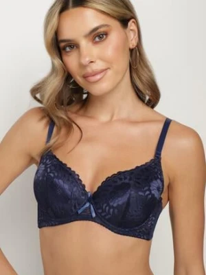 Granatowy Biustonosz z Motywem Kwiatowej Koronki Nelenor