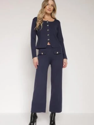 Granatowy Dzianinowy Komplet z Wiskozą w Eleganckim Stylu Kardigan i Spodnie Delisana