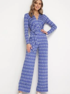 Granatowy Elegancki Kombinezon z Geometrycznym Wzorem i Wiązanym Paskiem Alullina by swan