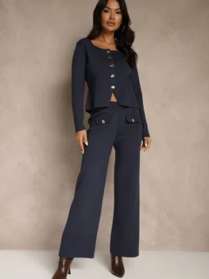 Granatowy Elegancki Komplet z Dzianiny z Wiskozą Kardigan i Spodnie Delinavea