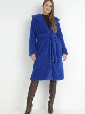 Granatowy Futrzany Płaszcz Wiązany w Pasie Jelave lily rose