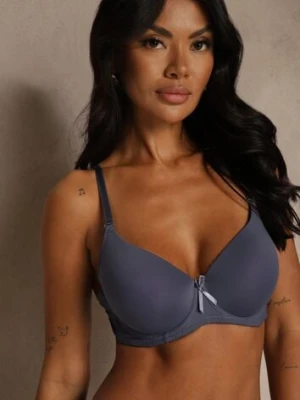 Granatowy Gładki Biustonosz o Klasycznym Fasonie Zdobiony Kokardką Caloris