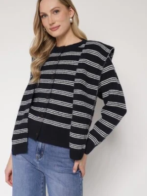 Granatowy Kardigan w Paski z Domieszką Wełny z Dodatkową Narzutką Fedina