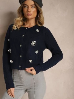 Granatowy Kardigan z Dodatkiem Wełny na Guziki z Kwiatami 3D Zemisya acajo