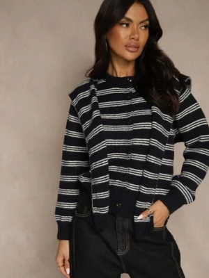 Granatowy Kardigan z Dodatkiem Wełny Zdobiony Wzorem w Paski i Narzutką Fedira