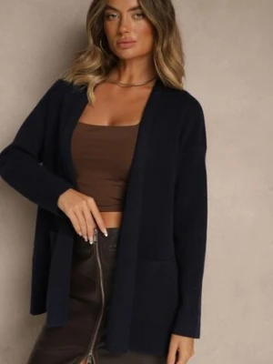 Granatowy Kardigan z Kaszmirem o Prostym Kroju Bez Zapięć z Kieszeniami Zaisa tandem